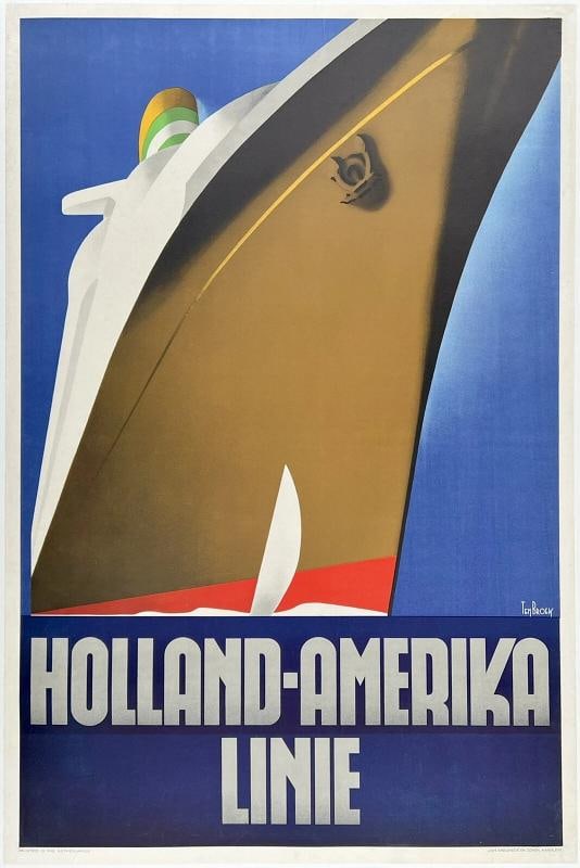 Original Vintage Poster HOLLAND AMERIKA LINIE Netherlands Travel Cruise Ship OL: Dimensions: 25.2 x 37.9 in. / 64 x 96.3 cm.; Circa: 1936 Original vintage "HOLLAND-AMERIKA LINIE" cruise ship travel poster, plate signed by its artist, WILLEM FREDERICK TEN BROEK, and printed in