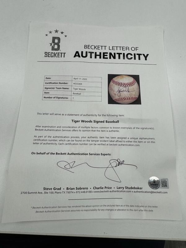 Tiger Woods Single Signed Game Used Major League Baseball Beckett COA - 3