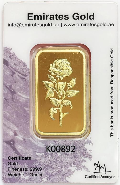 DUBAI UNITED ARAB EMIRATES 1 OZ GOLD .9999 FINE SEALED ROSE BAR IN ASSAY - 2