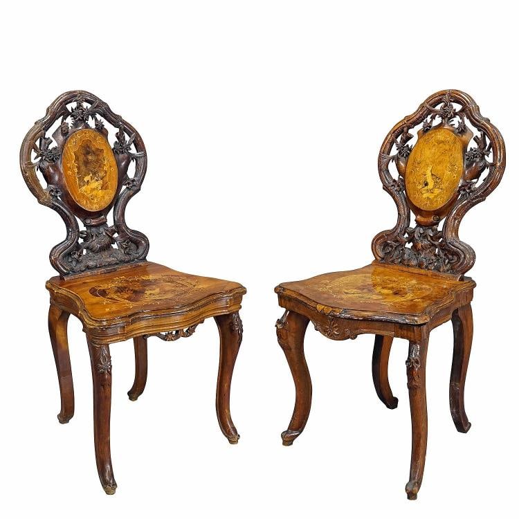 Pair Nutwood Edelweis Marquetry Chairs Swiss Brienz 1900: Condition: Used,Color: Multicolor,Item Height: 1 cm,Item Length: 1 cm,Item Width: 1 cm,Type: Acapulco Chair,Country of Origin: Switzerland