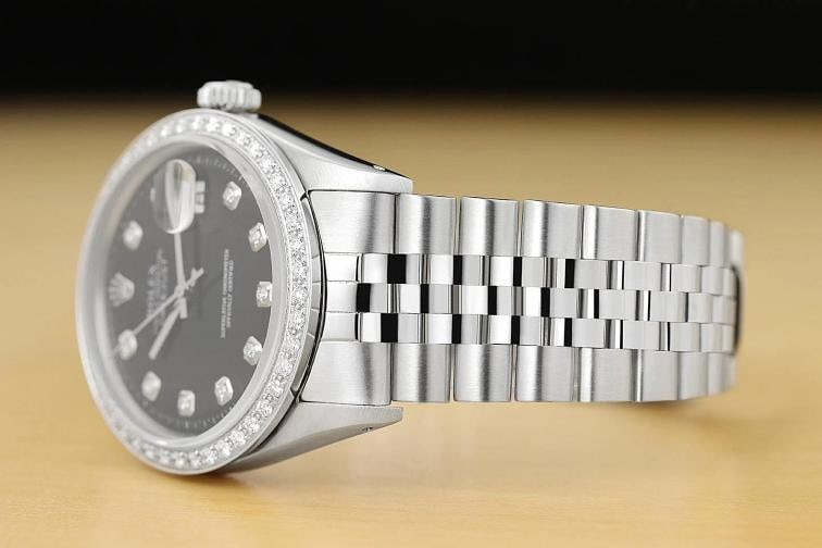 ROLEX MENS DATEJUST BLACK DIAL 18K GOLD STEEL DIAMOND WATCH w/ FOLDED BRACELET - 4