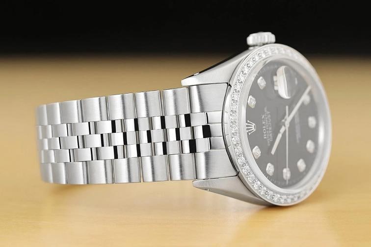 ROLEX MENS DATEJUST BLACK DIAL 18K GOLD STEEL DIAMOND WATCH w/ FOLDED BRACELET - 7