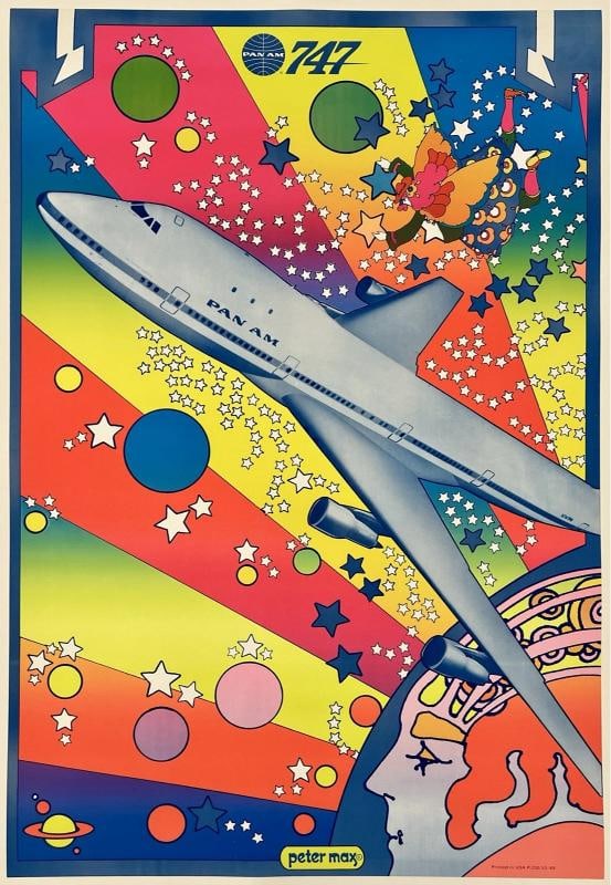 Original Vintage Poster PAN AM 747 Airline Travel Tourism PETER MAX LINEN: Dimensions: 28.5 x 42 in. / 72.4 x 106.7 cm.; Circa: 1969 Original vintage "PAN AM 747" airline travel poster, designed by PETER MAX, and printed circa 1969.