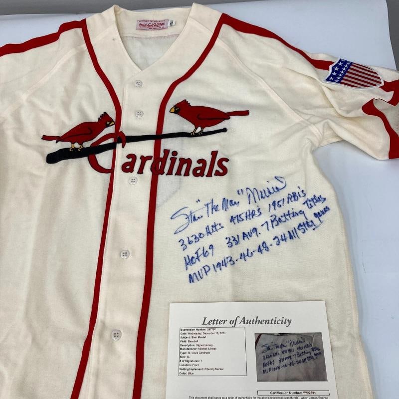 Stan Musial Signed Heavily Inscribed STATS St. Louis Cardinals Jersey JSA COA: Sport: Baseball,Player: Stan Musial,Signed: Yes,Autograph Authentication: James Spence Authentication (JSA),Original/Reprint: Original,Product: Jersey,Team: St. Louis Cardinals,Country of Origin: Unit