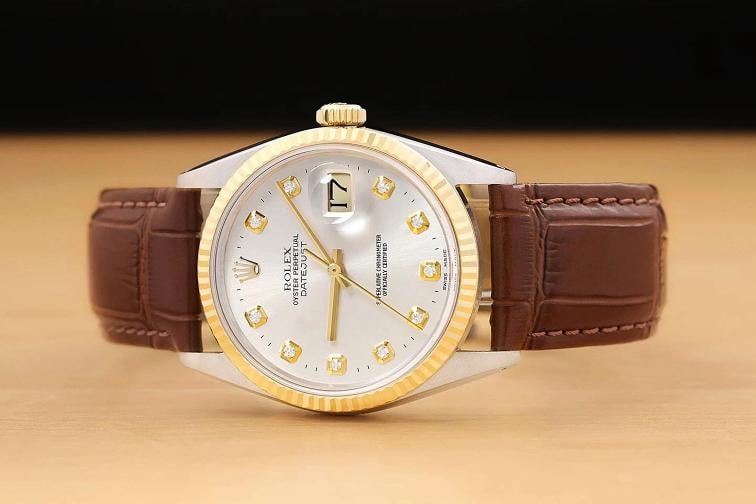 ROLEX MENS DATEJUST 16013 18K GOLD STEEL SILVER DIAMOND WATCH w/ LEATHER BAND - 3