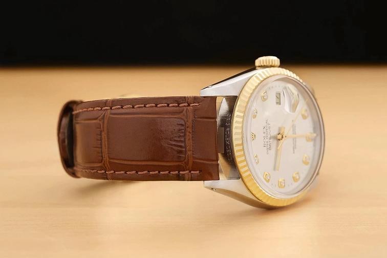 ROLEX MENS DATEJUST 16013 18K GOLD STEEL SILVER DIAMOND WATCH w/ LEATHER BAND - 7