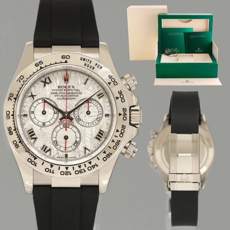 MINT Rolex Daytona White Gold 116519 Meteorite Roman Rubber Watch Box: Brand Rolex (Guaranteed Authentic) Model Daytona Cosmograph Reference Number 116519 Serial Number K Gender Men's Metal White Gold Case Size 40.00mm Wrist Size This watch will currently comfortably fit