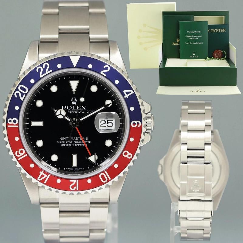 MINT 2007 Rolex GMT-Master II 2 Pepsi Blue Red Rectangular Error Steel 16710: Brand Rolex (Guaranteed Authentic) Model GMT-Master II 'Pepsi' Reference Number 16710 Serial Number Z Gender Men's Metal Stainless Steel Case Size 40.00mm Wrist Size This watch will currently comforta
