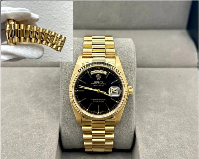 Rolex Day Date President 18038 36mm Black Dial 18K Yellow Gold: Style Number: 18038 Serial: 6476*** Year: 1980 Model: Rolex Day-Date President Case Material: 18K Yellow Gold Band: 18K Yellow Gold Bezel: 18K Yellow Gold Dial: Black Crystal: Sapphire Case Size: 36mm