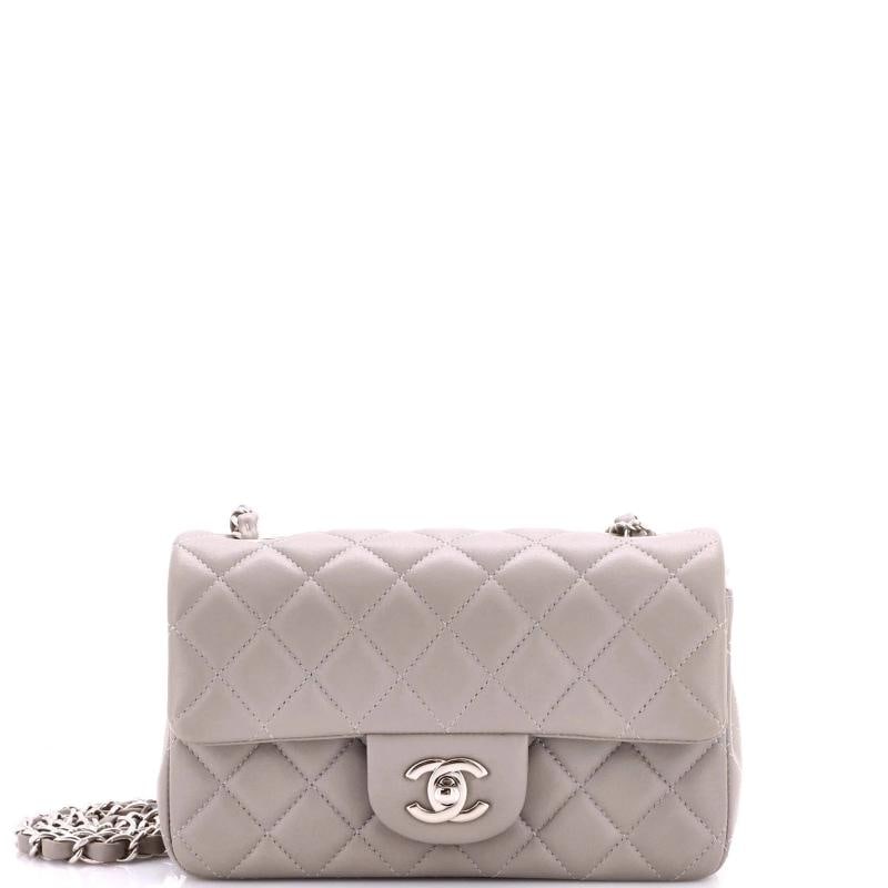Chanel Classic Single Flap Bag Quilted Lambskin Mini: Measurements: Handle Drop 12.5", Height 5", Width 7.5", Depth 2.5", Strap Drop 23" . Condition: Pre-owned - Excellent,Brand: Chanel,Exterior Material: Leather,Style: Cross Body Bags,Exterior Color: Gr