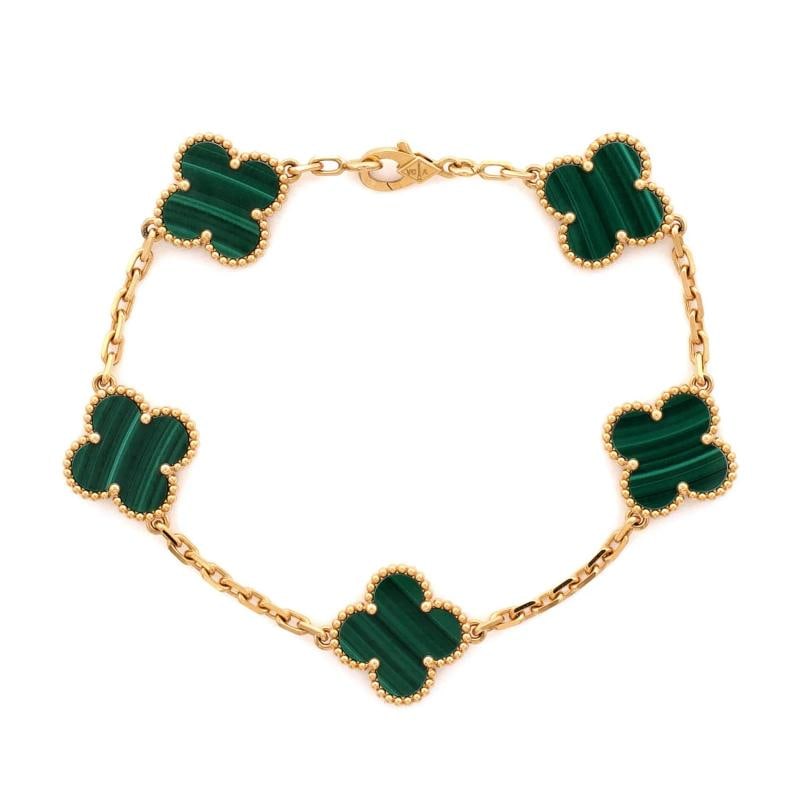 Van Cleef & Arpels Vintage Alhambra 5 Motifs Bracelet 18K Yellow Gold: Measurements: Circumference: 6.75 ", Width: 14.85 mm . Condition: Pre-owned - Good,Brand: Van Cleef & Arpels,Main Stone: Malachite,Metal: 18K Yellow Gold,Metal Purity: 18K,Style: Bracelet,Type: Bracel