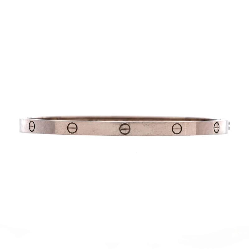 Cartier Love Bracelet 18K White Gold Small: Measurements: Circumference: 5.80 ", Width: 3.65 mm . Condition: Pre-owned - Good,Brand: Cartier,Main Stone: Unknown,Metal: 18K White Gold,Metal Purity: 18K,Style: Bracelet,Type: Bracelet,Color: