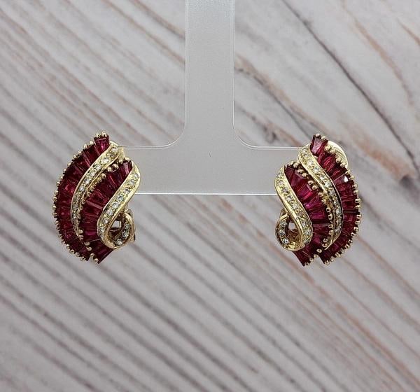 Ruby and Diamond Earrings In 18K Yellow Gold: Condition: Pre-owned - Good,Brand: Unbranded,Type: Earrings,Metal Purity: 18k,Closure: Clip-On,Occasion: Wedding, Birthday, Engagement, Valentine's Day, Anniversary,Style: Cuff, Stud,Base Metal: Yello