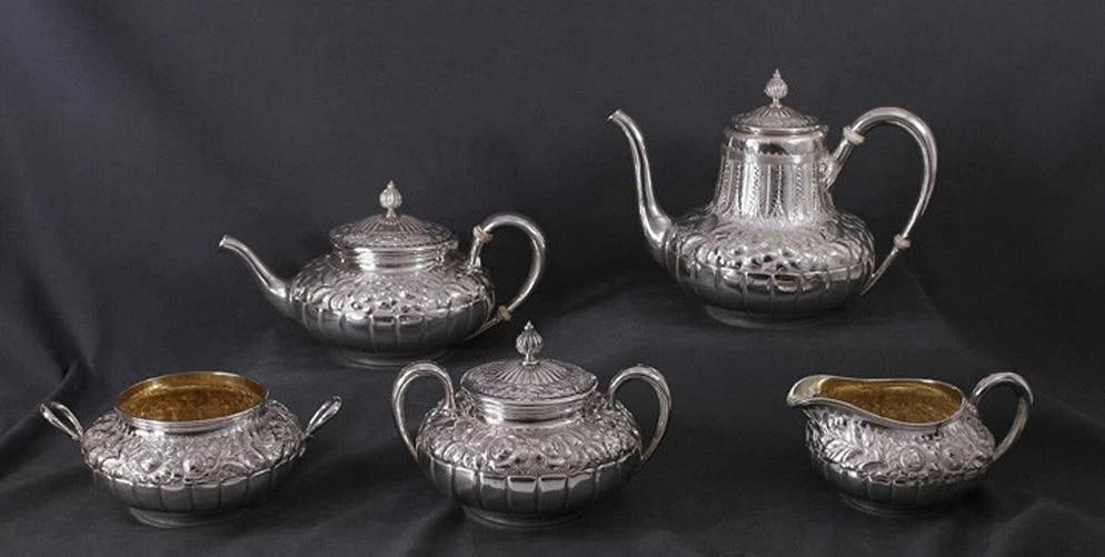 Antique 5pc Gorham Sterling Repousse Tea Set 1887: Brand: Gorham,Pattern: Floral Repousse,Age: 1887,Composition: Sterling Silver,Maker: Gorham,Year Made: 1887,Country of Origin: United States Presented is a beautiful, old 5 piece sterling silver tea a