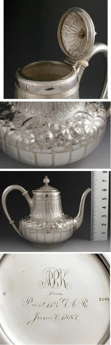 Antique 5pc Gorham Sterling Repousse Tea Set 1887 - 3