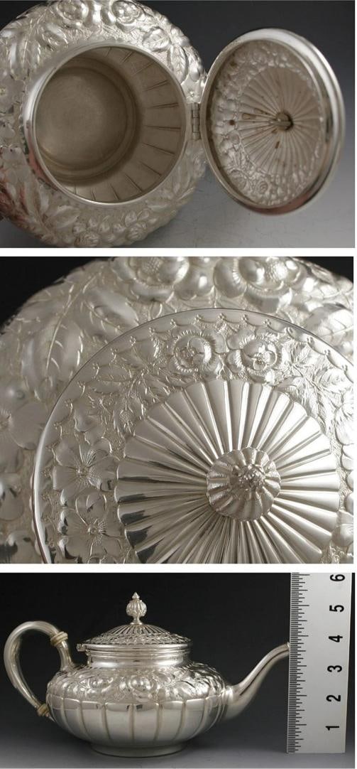 Antique 5pc Gorham Sterling Repousse Tea Set 1887 - 5