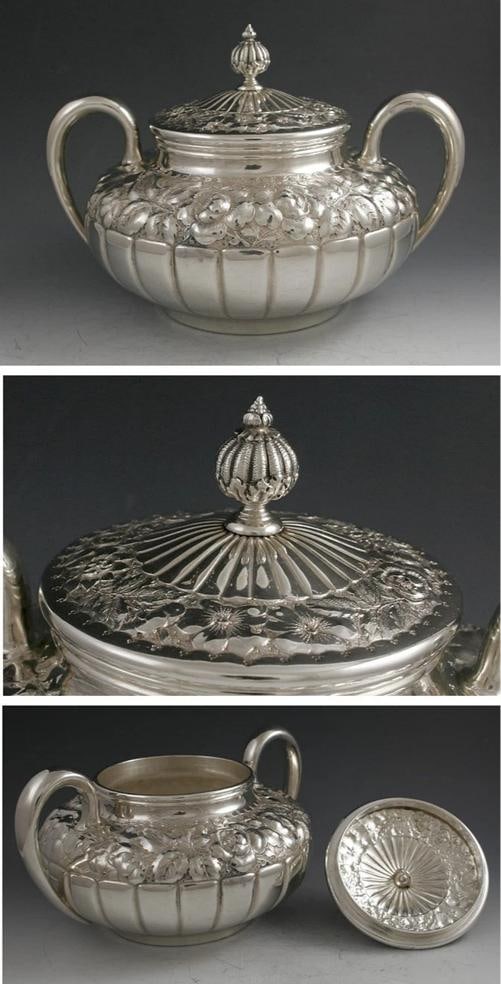 Antique 5pc Gorham Sterling Repousse Tea Set 1887 - 8