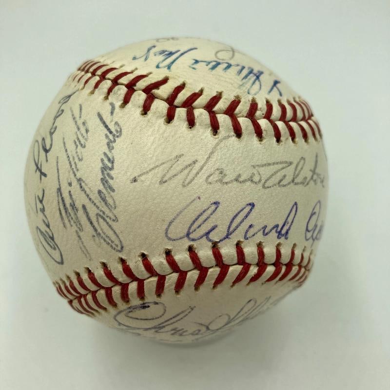 1964 All Star Game Team Signed Baseball Roberto Clemente Willie Mays Koufax PSA: signed by twenty-two members of the 1964 N.L. All-Star squad, including Hall of Famers Roberto Clemente, Sandy Koufax, Willie Mays, Juan Marichal, Orlando Cepeda, Jim Bunning, Billy Williams, Don Drys