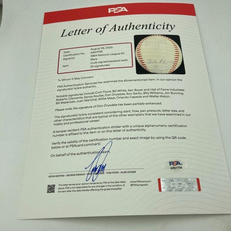 1964 All Star Game Team Signed Baseball Roberto Clemente Willie Mays Koufax PSA - 4