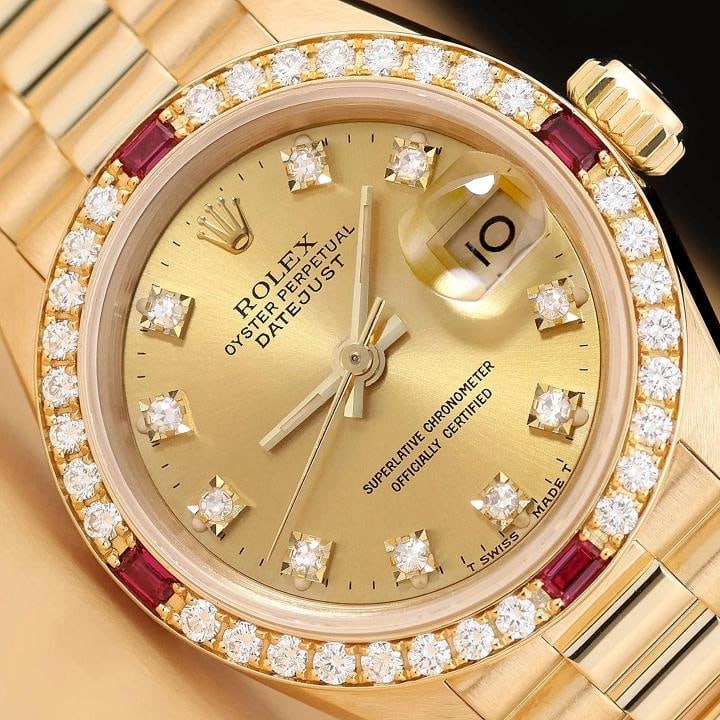 ROLEX DATEJUST 69068 18K YELLOW GOLD FACTORY RUBY DIAMOND PRESIDENT WATCH: Condition: Pre-owned - Good,Department: Women's,Brand: Rolex,Style: Dress/Formal, Luxury, Luxury: Dress Styles,Dial: Factory Rolex Diamond Dial,Bezel: Factory Rolex 18K Yellow Gold Ruby Diamond Bezel,