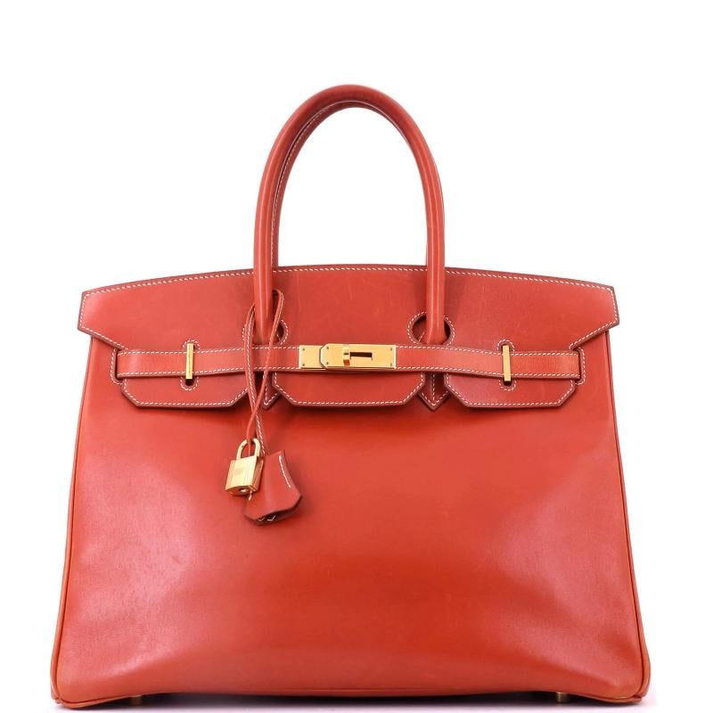 Hermes Birkin Handbag Orange Box Calf with Gold Hardware 35: Condition: Pre-owned - Fair,Brand: Hermes,Exterior Material: Leather,Style: Totes,Exterior Color: Brown,Department: Women,Size: 35,Accessories: Clochette, Keys, Lock Condition: Fair. Exterior: heavy