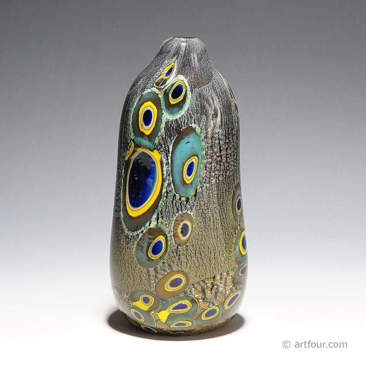 Large Art Glass Vase 'Yokohama' by Aldo Nason Murano: Condition: Used,Brand: ArtGlass,Type: Vase An asymetrical shaped Art Glass Vase 'Yokohama' by Aldo Nason, Murano end of the 1960s. Thick handblown dark glass with multicoloured metallic and murrine