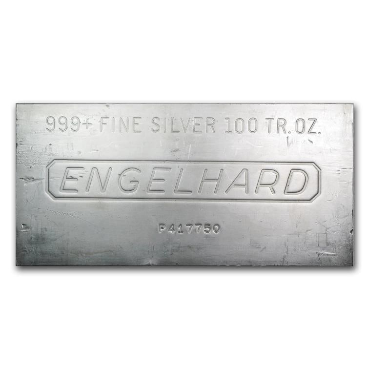 100 oz Silver Bar - Engelhard: Brand: Engelhard,MPN: 166597,Year: N/A,Total Precious Metal Content: 100 oz,Shape: Bar,Precious Metal Content per Unit: 100 oz,Fineness: 0.999,Denomination: 100 oz,Country of Origin: United States,Cir