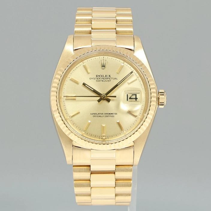 Rolex DateJust 36mm 1601 Yellow Gold President Champagne Pie Pan Stick Watch Box - 2