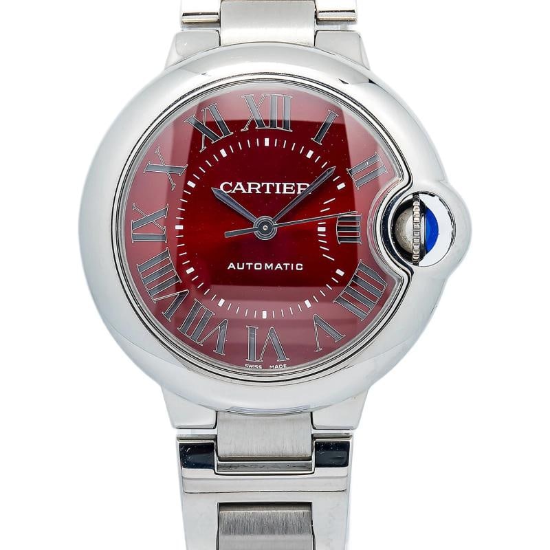 Cartier Ballon Bleu WSBB0052 Stainless Steel Red Dial Quartz Watch 33mm: Case Size 33mm Wrist Fit 6.25 inches Box No Papers No Condition Ã¢â‚¬â€ Used - Good Full Specifications Brand Cartier Customized No Serial # 3489 2143xxxx Ge