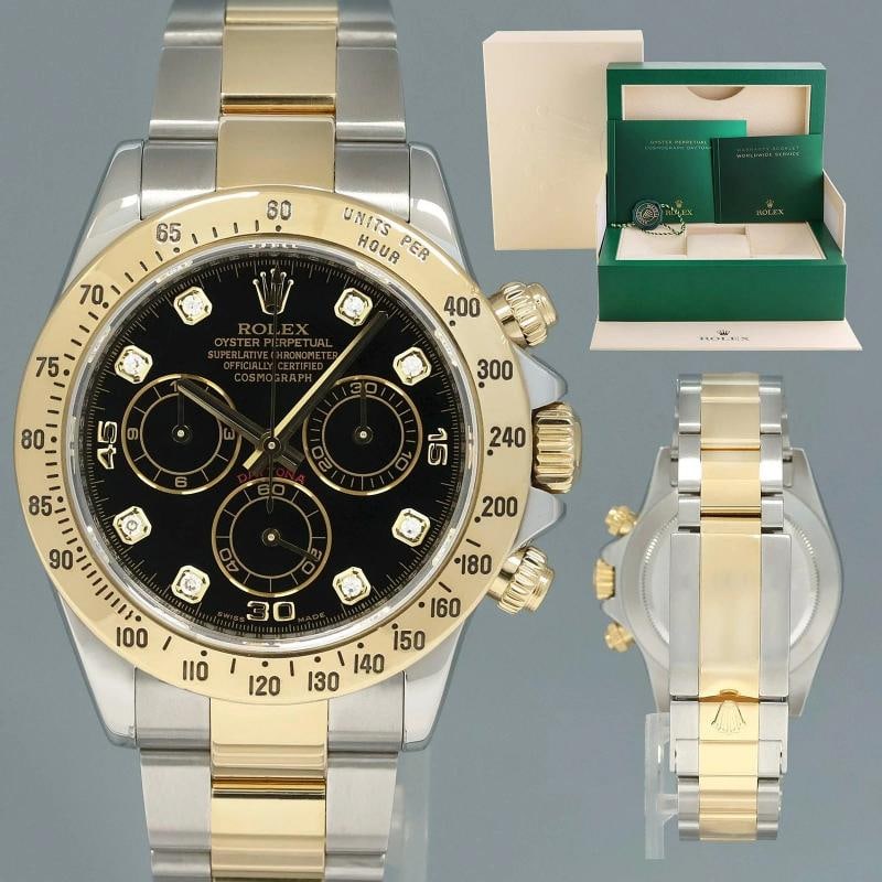 2009 MINT Rolex Daytona 116523 Black Diamond Dial Steel Yellow Gold Two Tone: Condition: Pre-owned - Excellent,Reference Number: 116523,Model: Rolex Daytona,Dial Color: Black,Band Material: Steel,Display: Analog,Case Material: Yellow Gold,Bezel Type: Diamond,Brand: Rolex,Depart