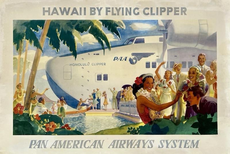 Original Vintage Poster PAN AM HAWAII BY FLYING CLIPPER Airline Travel RARE OL (1 of 5)