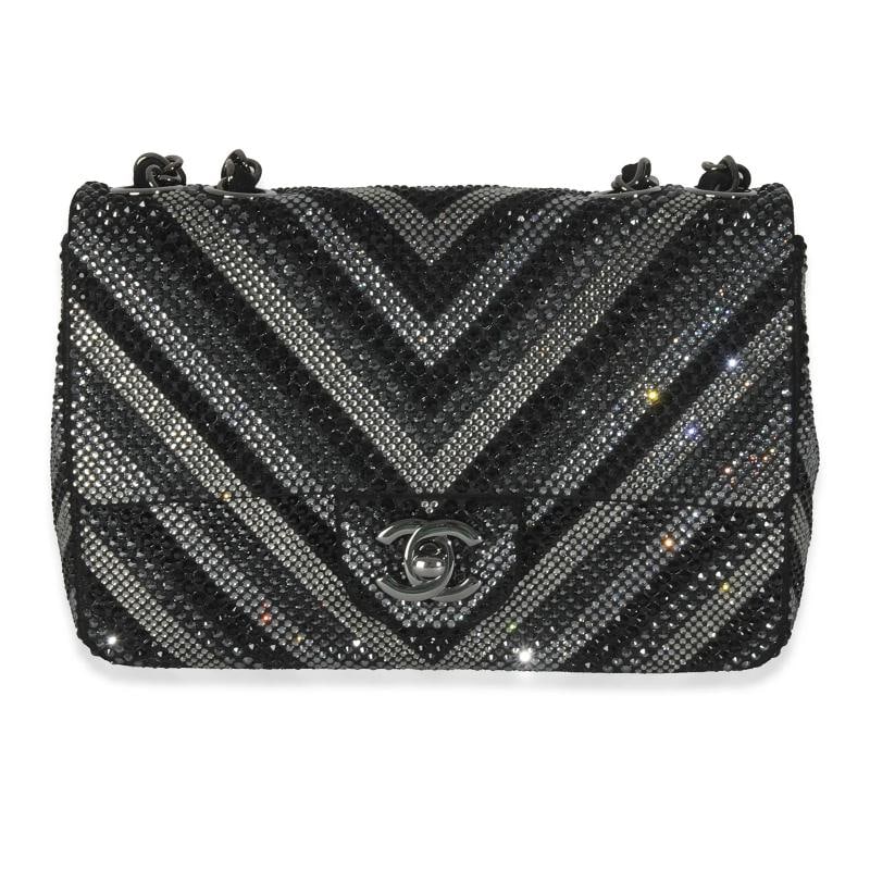 Chanel Black Strass CC Chevron Mini Flap Bag: Condition: Pre-owned - Good,Country of Origin: Italy,Dimensions: 7.75 x 5.5 x 2,Handbag Accessories: Box;Dustbag;Care Booklet,Bag Width: 7.75 in,Bag Depth: 2 in,Bag Height: 5.5 in,Department: Unisex,S