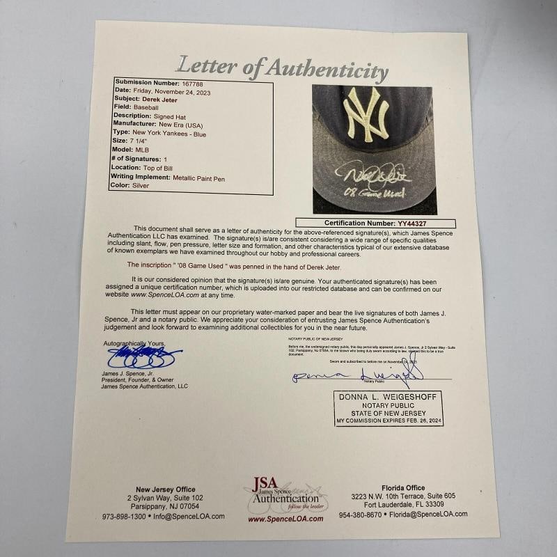 Derek Jeter Signed 2008 Game Used New York Yankees Baseball Hat JSA & Steiner - 4