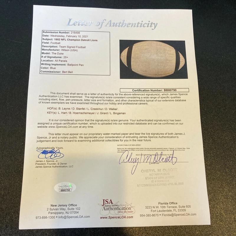 1952 Detroit Lions NFL Champs Team Signed Football W/ Tickets & Program JSA COA - 2