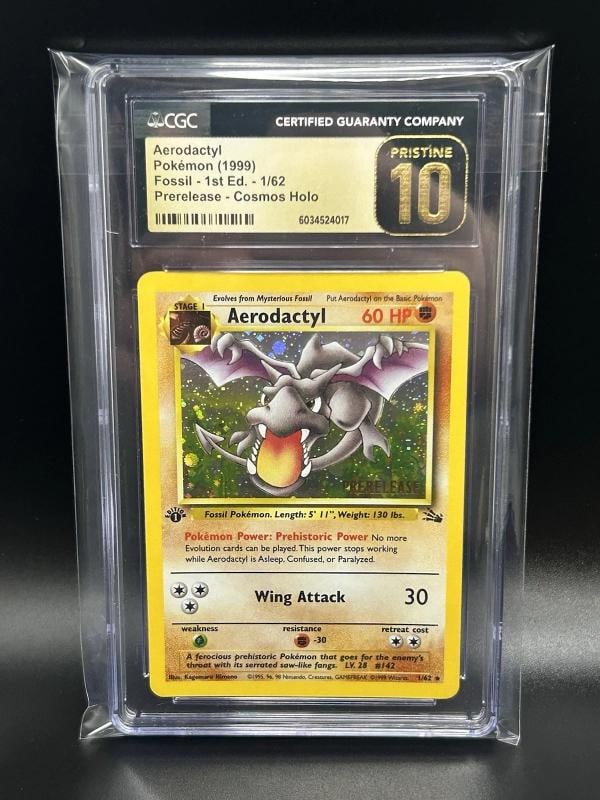 RARE 1999 Aerodactyl Pokemon Prerelease 1st Ed Cosmos Holo 1/62 CGC 10 PRISTINE: Condition: Graded - CGC 10: Professionally graded ,Convention/Event: PokÃƒÂ©mon League,Card Size: Standard,Set: Fossil,Character: Aerodactyl,HP: 60,Year Manufactured: