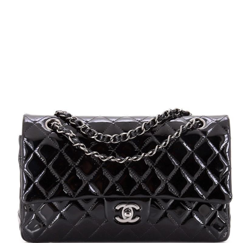 Chanel Classic Double Flap Bag Quilted Patent Medium: Condition: Pre-owned - Fair,Brand: Chanel,Exterior Material: Patent Leather,Style: Shoulder Bags,Exterior Color: Black,Department: Women,Size: Medium,Accessories: Authenticity Card