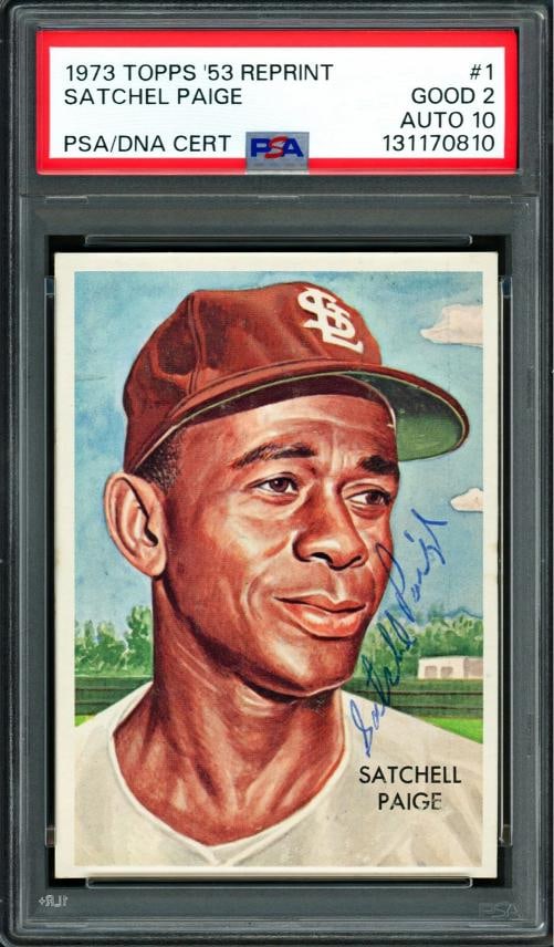Satchel Paige Auto 1973 Topps '53 Reprint Card 1 St. Louis Browns PSA 2 Sig 10: Condition: Ungraded - Very good: Not in original packaging or professionally graded ,Player/Athlete: Paige,Player: Paige,Sport: Baseball,Product: Card,Autographed: Yes,Signed By: Paige,Autograph Authe