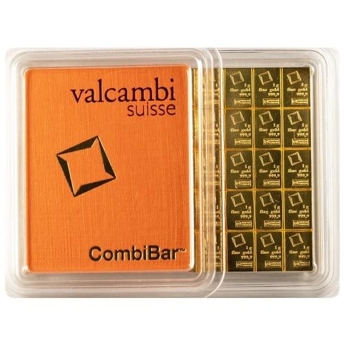 50 Gram Valcambi Gold CombiBar (50x1g, New w/ Assay): Certification: Assay Card,Shape: Bar,Brand/Mint: Valcambi,Country of Origin: Switzerland,Precious Metal Content per Unit: 1.60754,Fineness: 0.9999,Composition: Gold