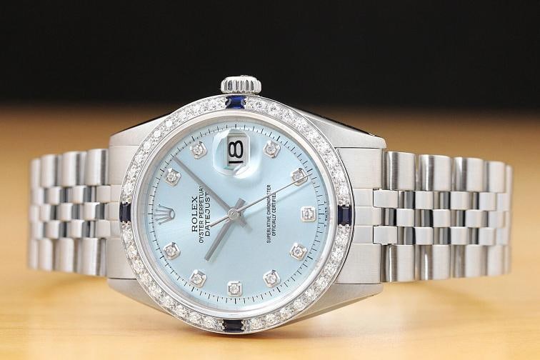 MENS ROLEX DATEJUST 1603 ICE BLUE DIAMOND DIAL 18K WHITE GOLD & STEEL WATCH - 3