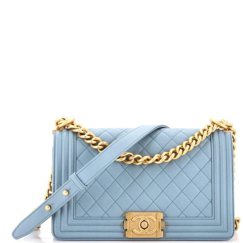 Chanel Boy Flap Bag Quilted Lambskin Old Medium: Condition: Pre-owned - Excellent,Brand: Chanel,Exterior Material: Leather,Style: Shoulder Bags,Exterior Color: Blue,Department: Women,Size: Old Medium,Accessories: Authenticity Card