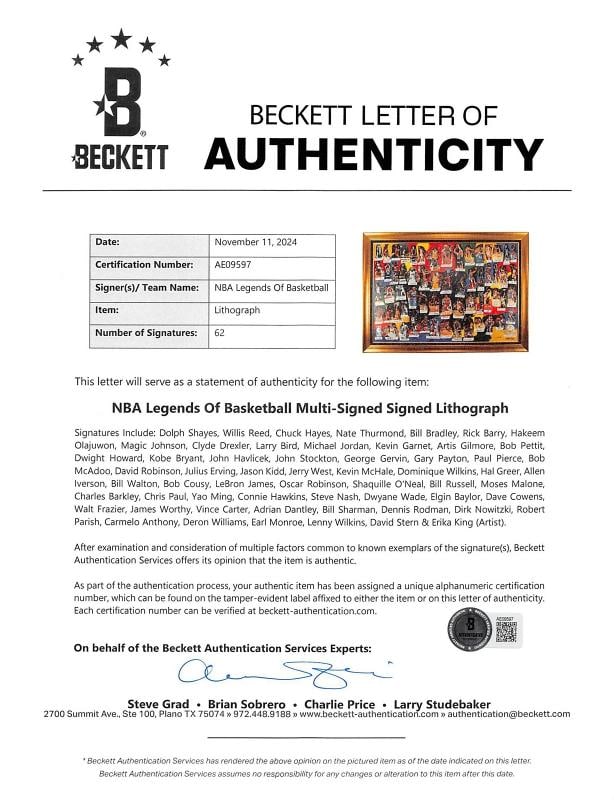 NBA 60 Greatest "NBA Legends Of Basketball" Signed Framed Lithograph #52/60 BAS - 11
