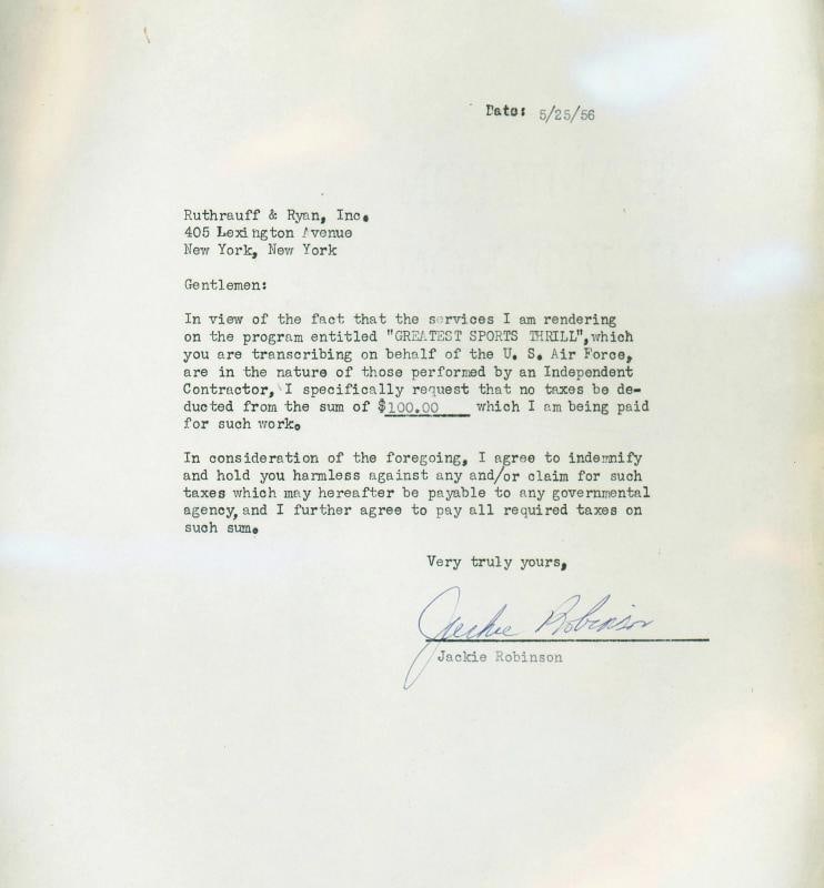 Jackie Robinson Auto 1956 Greatest Sports Thrill Contract Dodgers Sig 9 Beckett - 2