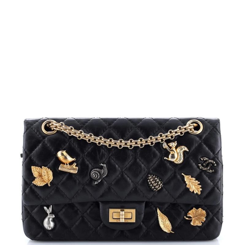 Chanel Lucky Charms Reissue 2.55 Flap Bag Quilted Aged Calfskin 225: Condition: Pre-owned - Excellent,Brand: Chanel,Exterior Material: Leather,Style: Shoulder Bags,Exterior Color: Black,Department: Women,Size: 225,Accessories: Dust Bag, Authenticity Card Condition: Gre