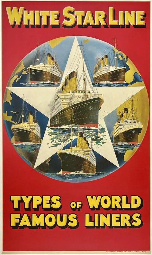 Original Vintage Poster WHITE STAR LINE WORLD FAMOUS LINERS Cruise Travel LINEN (1 of 5)