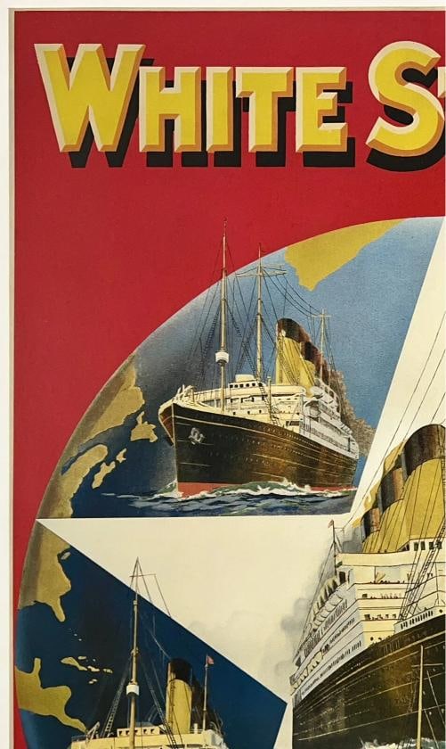Original Vintage Poster WHITE STAR LINE WORLD FAMOUS LINERS Cruise Travel LINEN - 2