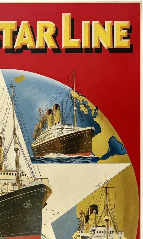 Original Vintage Poster WHITE STAR LINE WORLD FAMOUS LINERS Cruise Travel LINEN - 3