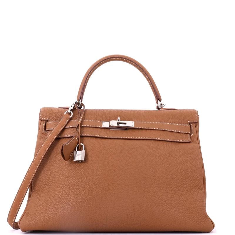 Hermes Kelly Handbag Brown Togo with Palladium Hardware 35: Accessories: Clochette, Lock, Keys, With Strap Measurements: Handle Drop None", Height 10", Width 13", Depth 5", Strap Drop None". Condition: Pre-owned - Good,Brand: Hermes,Exterior Material: Leather,