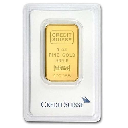 1 oz Credit Suisse Gold Bar .9999 Fine In Assay Card: Brand: Credit Suisse,,Year: na,Total Precious Metal Content: 1 oz,Shape: Bar,Precious Metal Content per Unit: 1 oz,Fineness: 0.9999,Denomination: N/A,Country of Origin: Switzerland,Circulated/Uncircul