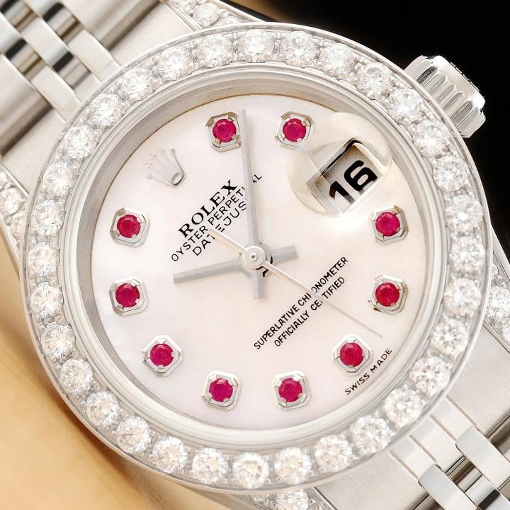 ROLEX DATEJUST 69174 MOTHER OF PEARL RUBY 1.1 CT DIAMOND 18K GOLD STEEL WATCH: Condition: Pre-owned - Good,Country of Origin: Switzerland,Department: Women's,Brand: Rolex,Style: Dress/Formal, Luxury, Luxury: Dress Styles,Dial: Rolex Dial Ref. w/ Added M.O.P and Ruby Markers,Beze