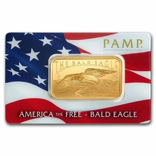 PAMP America the Free - Bald Eagle 1 oz Gold Bar - In Assay: Composition: Gold,Shape: Bar,Fineness: 0.9999,Precious Metal Content per Unit: 1 oz,Brand/Mint: Pamp Suisse,Country of Origin: Switzerland